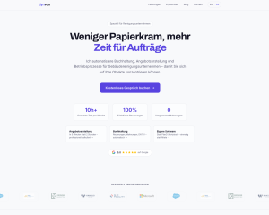 Screenshot der Dynvon-Startseite mit Headline „Weniger Papierkram, mehr Zeit für Aufträge", drei Kennzahlen-Kacheln und Leistungsübersicht zu Angebotserstellung, Buchhaltung und eigener Software.