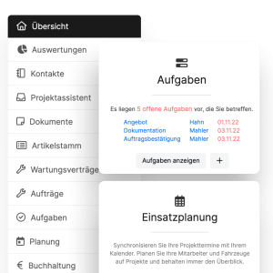 Screenshot der HERO-Software mit Aufgabenübersicht (offene Angebote, Dokumentationen, Auftragsbestätigungen mit Fälligkeitsdatum) und Kachel zur Einsatzplanung.