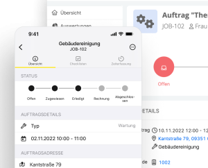 Mobile und Desktop-Ansicht der HERO-Software mit Auftragsdetails (Status-Pipeline Offen bis Abgeschlossen, Typ, Termin, Adresse) am Beispiel eines Gebäudereinigungs-Auftrags.