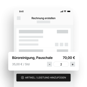 Mobile Ansicht der HERO-Software beim Rechnung erstellen, mit Rechnungsposition "Büroreinigung, Pauschale" zu 70,00 € bei 35,00 €/Std. und zwei Stunden sowie Button zum Hinzufügen weiterer Artikel.